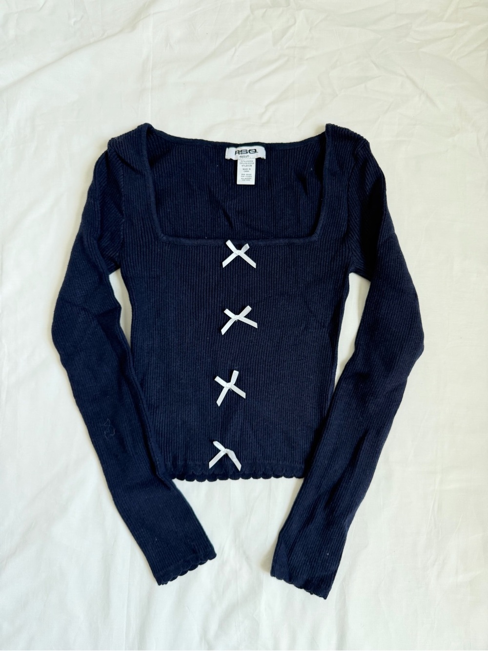 RSQ Navy Ribbed Long-Sleeve Top with White Front Bows